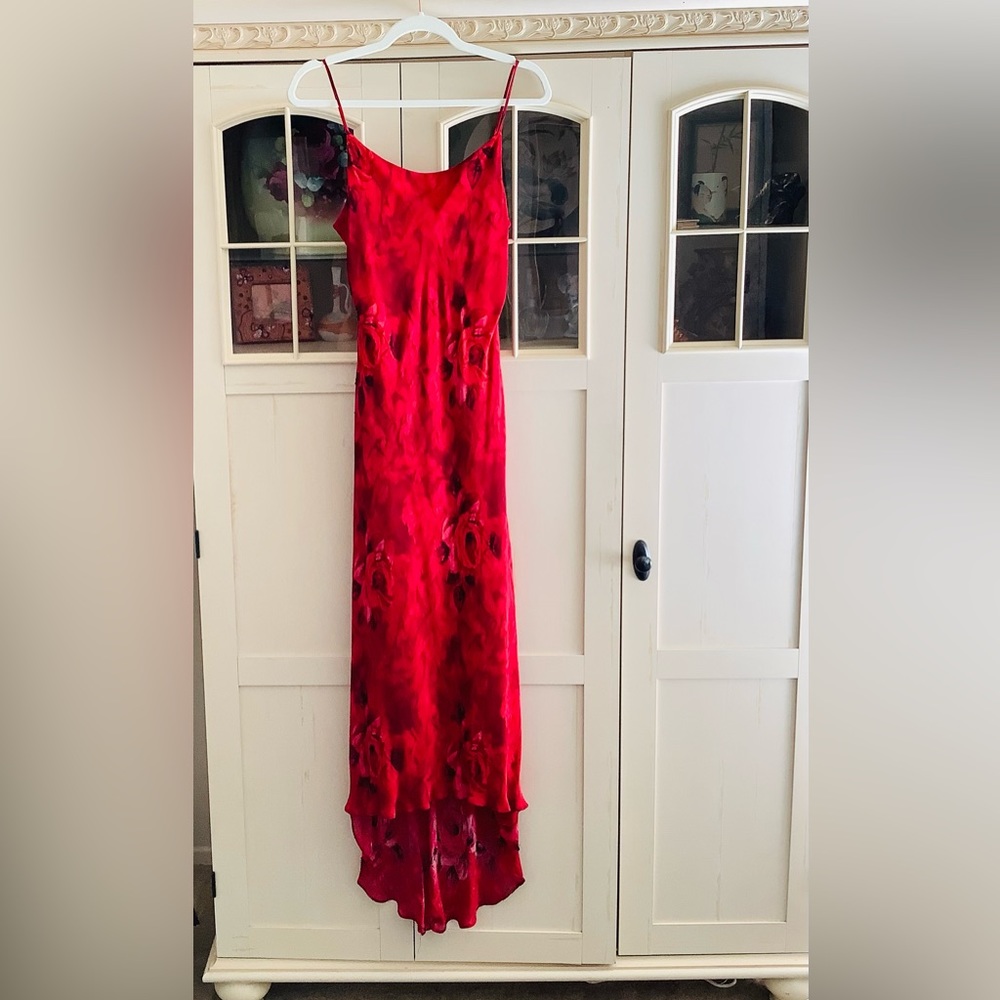 Silk red dress/gown with jet beading surrounding roses. High low hem.